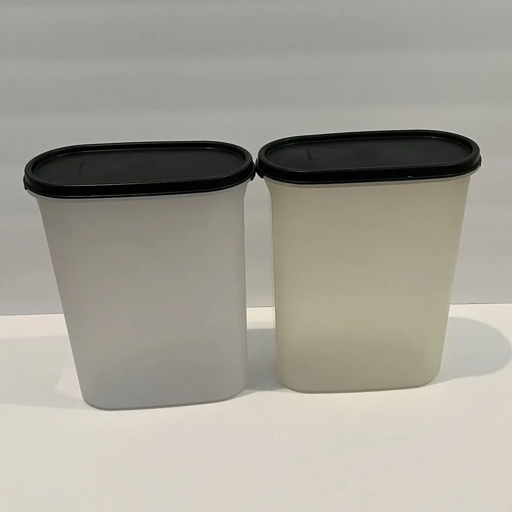 Tupperware Set of 2 Modular Mates Oval #4 Container Black Seal Lid Clear Labels